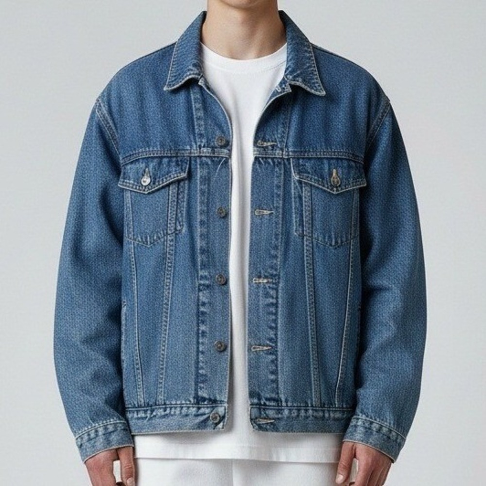 Vintage Bugle Boy Gold Crest Mens Denim Trucker Jacket Medium Wash Blue Large